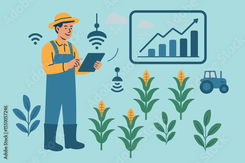 A farmer uses a tablet to manage crops with smart irrigation and connectivity, showcasing modern agricultural technology, data driven growth, and efficiency in farming.
