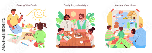 Family Creative Activities Vector Illustration Set