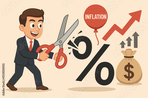Businessman cutting a percentage sign with scissors to stop inflation and reduce high interest rates. Financial concept of economic policy, cutting taxes, and managing debt crisis.