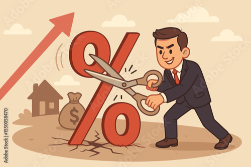 Businessman cutting percentage sign with scissors. Financial concept of reducing interest rates, fighting inflation, lowering mortgage loan debt, tax cut, and business cost reduction.