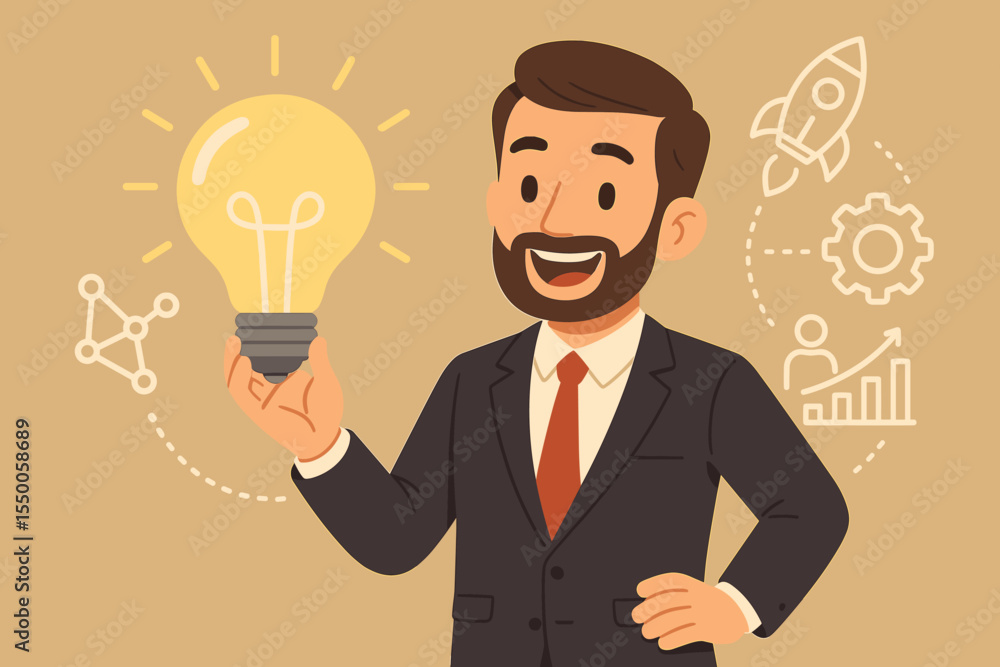 Businessman holding a light bulb. Metaphor for creative idea, innovation, and business solution. Entrepreneurship and startup concept with rocket, network, and growth icons. Businessman holding a light bulb. Metaphor for creative idea, innovation, and business solution. Entrepreneurship and startup concept with rocket, network, and growth icons.