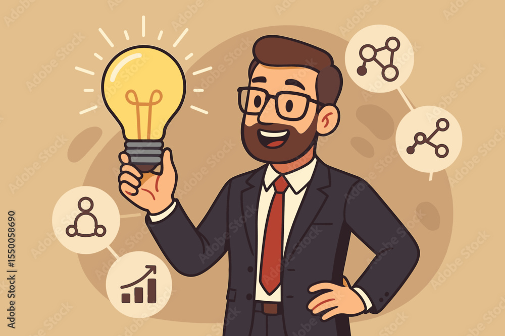 Businessman with a creative idea. Happy entrepreneur holding a light bulb. Concept for innovation, startup success, business strategy, problem solving and networking. Vector cartoon. Businessman with a creative idea. Happy entrepreneur holding a light bulb. Concept for innovation, startup success, business strategy, problem solving and networking. Vector cartoon.