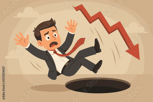 Businessman falling into a hole, symbolizing financial crisis, market crash, recession, bankruptcy, economic loss, and business failure. Vector cartoon.