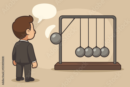 Businessman's idea starts a chain reaction. Metaphor for communication impact with Newton's cradle. Concept of cause and effect, influence, consequences, and business strategy.