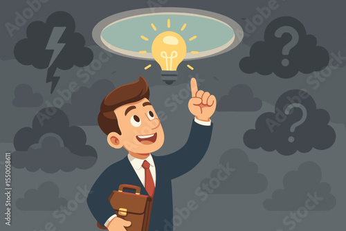 Problem solving concept with a businessman finding a solution. Manager pointing at a light bulb idea, escaping dark clouds of crisis and doubt. Hope, opportunity, vision vector.