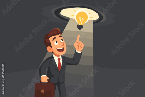 Businessman finds a creative solution, a bright idea light bulb shining through a hole in the darkness. Metaphor for opportunity, hope, innovation, problem-solving, and vision.