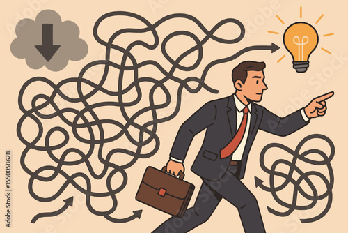 Problem solving vector concept. Businessman navigating a complex, tangled path from crisis and confusion to a clear solution. Manager finding direction and success with a new idea.