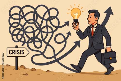 Business crisis solution concept. Businessman with a lightbulb idea untangles a complex path. Metaphor for problem solving, innovation, strategy, and career success. Overcoming challenges.