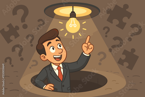 Businessman finding solution to problem. Man in hole has lightbulb idea. Concept of innovation, creativity, breakthrough, opportunity, success, and thinking outside the box. Vector.