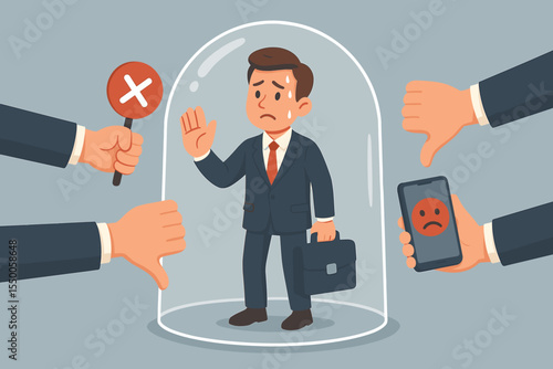 Businessman under pressure in a glass dome, avoiding negative feedback, bad reviews, and customer complaints. Concept of rejection, stress management, burnout, ignoring criticism. Vector.