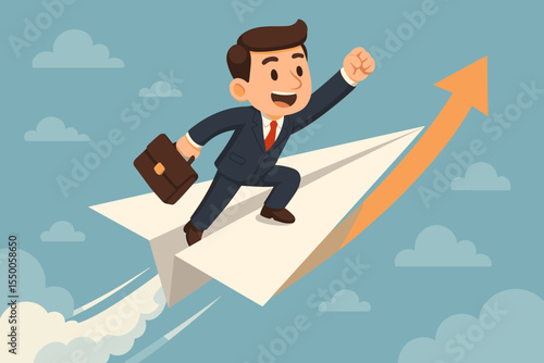 Ambitious businessman flying on a paper plane, a metaphor for startup growth and success. Career launch and progress concept. Upward arrow symbolizes achievement. Vector cartoon.
