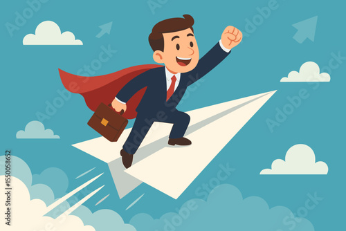 Superhero businessman on paper plane representing startup launch. Concept for business growth, success, and ambition. Career progress and leadership metaphor. Vector cartoon illustration.
