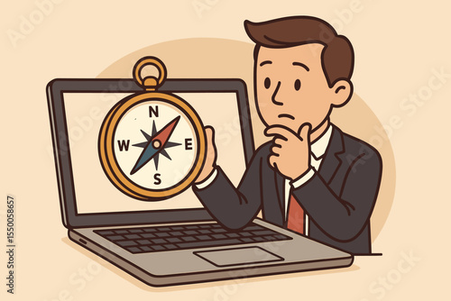 Pensive businessman searching for direction using a compass from a laptop. Concept of business strategy, career guidance, and decision-making. Metaphor for online navigation.