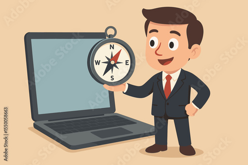 Businessman holding a compass from a laptop. Business strategy, guidance, and navigation concept. Man finding direction for career path, vision, and future success. Vector cartoon.