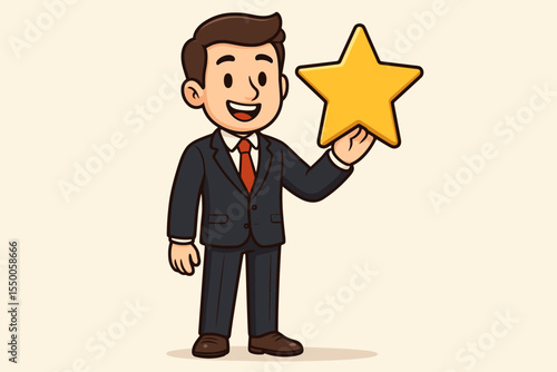 Businessman holding a gold star representing customer satisfaction and a high rating. Concept for excellent service, positive feedback, and best performance. Five star quality vector.