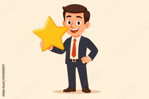 Businessman holding a large golden star. Concept for customer review, positive feedback, and high rating. Symbol for excellent service, satisfaction, and quality. Success award.