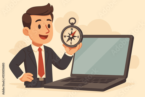 Business direction concept with a businessman holding a compass for guidance and strategy. Manager with laptop seeks career path, financial advice, and online business solutions.