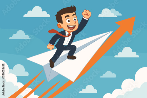 Businessman flying on a paper plane concept for startup growth and success. Cartoon character leader moving up with an arrow. Metaphor for career ambition, achievement, and goal.