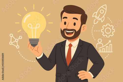 Businessman holding a light bulb. Metaphor for creative idea, innovation, and business solution. Entrepreneurship and startup concept with rocket, network, and growth icons.