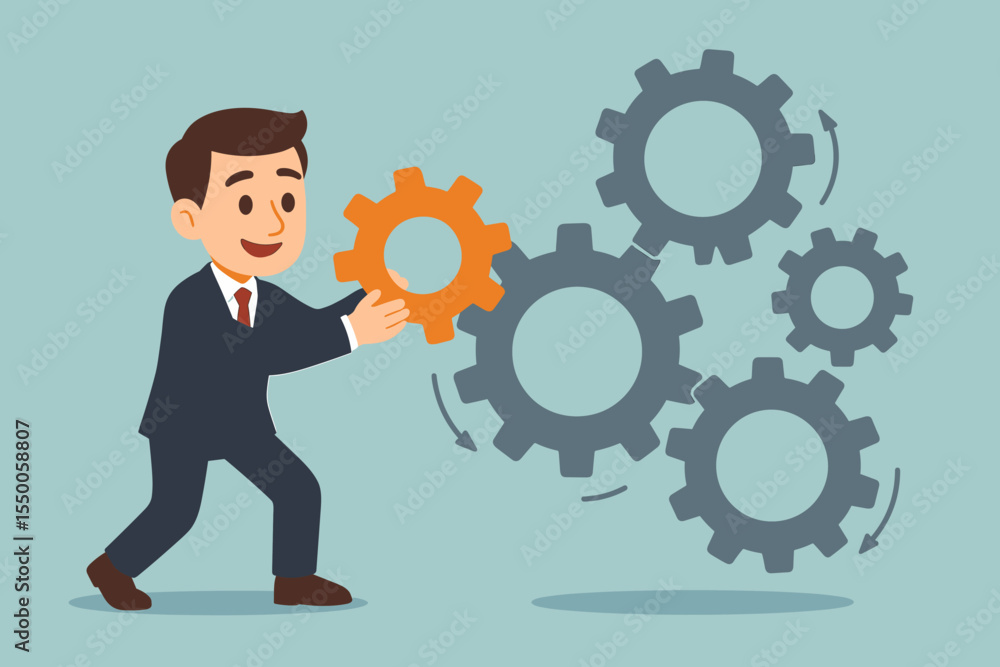 Businessman integrating missing gear into cogwheel mechanism. Business process development concept. Successful strategy and teamwork solution. Manager completing system. Vector. Businessman integrating missing gear into cogwheel mechanism. Business process development concept. Successful strategy and teamwork solution. Manager completing system. Vector.