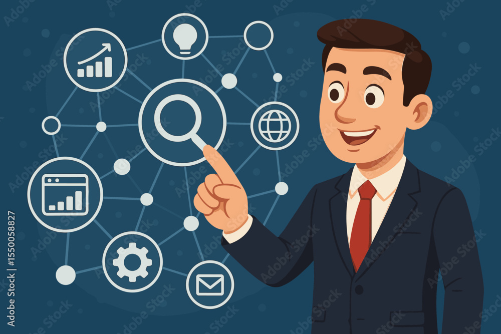 Businessman interacting with a virtual interface for digital marketing. SEO expert analyzing data and managing online strategy with network icons. Concept of business growth vector. Businessman interacting with a virtual interface for digital marketing. SEO expert analyzing data and managing online strategy with network icons. Concept of business growth vector.