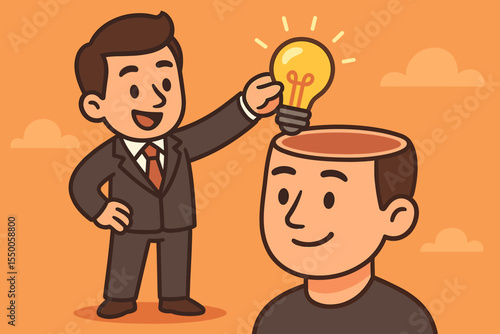 Cartoon businessman placing glowing light bulb inside open human head, symbolizing creativity, innovation, business ideas, knowledge transfer, mentorship, brainstorming, vector illustration