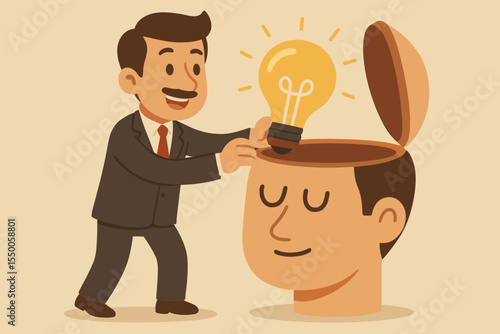Businessman placing glowing light bulb inside open human head, metaphor for business innovation, creativity, new ideas, brainstorming, knowledge sharing, leadership and creative thinking concept