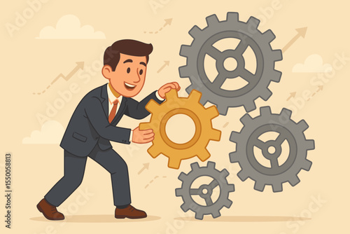Businessman adding a golden gear to a cogwheel mechanism. Business solution, strategy, and teamwork concept. Successful process, development, and integration metaphor. Vector cartoon.