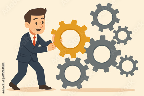 Businessman integrating a missing gear into a cogwheel mechanism. Concept for business solutions, process improvement, teamwork, strategy, development, and successful workflow.