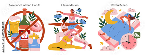 Healthy Lifestyle Habits Vector Illustration Set