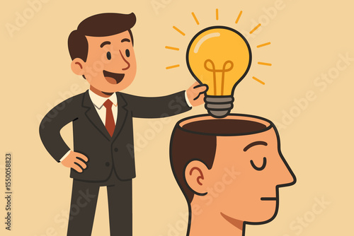 Businessman placing light bulb inside human head vector. Concept creative thinking, business innovation, idea generation, knowledge sharing, leadership, brainstorming, mentoring illustration