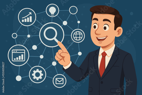 Businessman interacting with a virtual interface for digital marketing. SEO expert analyzing data and managing online strategy with network icons. Concept of business growth vector.