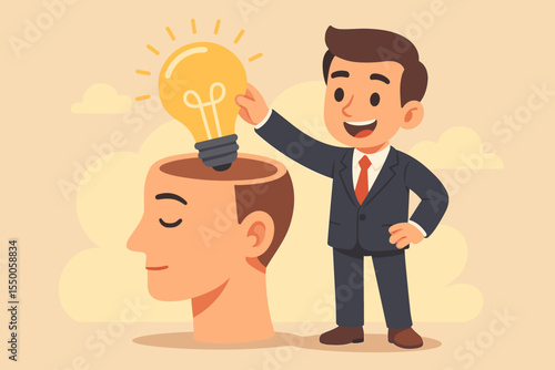 Businessman placing light bulb inside human head concept. Innovation idea, creativity, brainstorming, inspiration, leadership, business solution, creative thinking. Vector cartoon illustration.