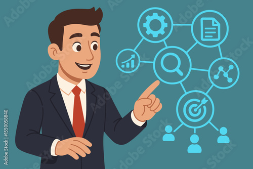 Businessman presents digital marketing strategy flowchart. Concept for SEO, data analysis, content creation, and customer targeting. Business process & workflow management on virtual screen.
