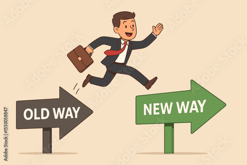 Businessman jumping from old way to new way arrow. Concept of adapting to change, business progress, and improvement. Metaphor for innovation, growth, new strategy, and future. Vector.
