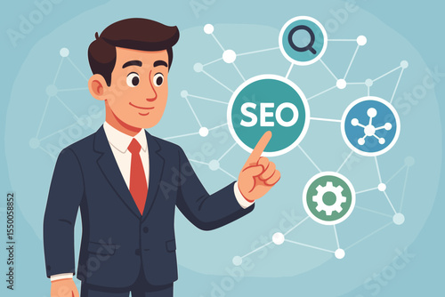 Businessman presenting SEO digital marketing strategy on a virtual interface. Concept of search engine optimization, data analysis, keyword ranking, and online promotion. Vector.