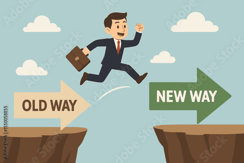Businessman with briefcase jumping from old way to new way arrow. Adapting to change, improvement, and progress. Business concept of innovation, risk, opportunity, and career growth.
