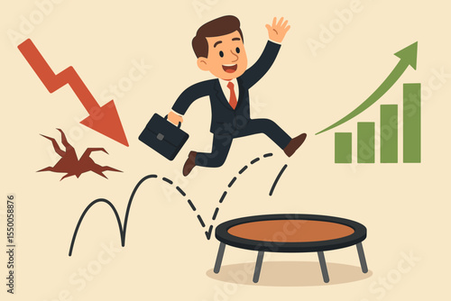 Businessman jumping on a trampoline to bounce back from economic crisis. Metaphor for financial recovery, resilience, opportunity, turning failure into success and profit growth.