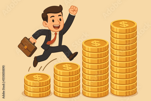 Successful businessman running up a bar chart of gold coin stacks. Metaphor for income growth, salary raise, career promotion, and investment return. Financial success vector concept.