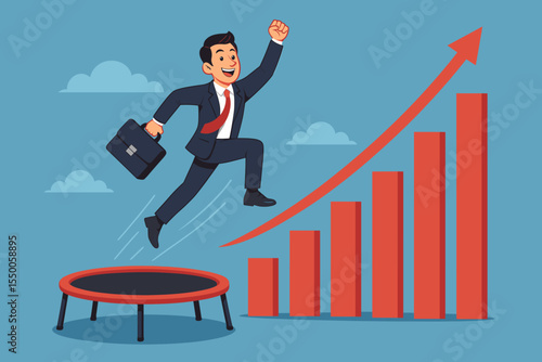 Successful Businessman Jumps on Trampoline, Boosting Growth, Achieving High Profit Levels, and Securing Stock Market Gains. Financial Success and Business Development Concept.