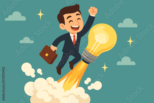 Businessman launching on a lightbulb rocket. Startup business concept. Symbol of creativity, innovation, and success. Entrepreneur taking off. Career growth. Vector cartoon illustration.
