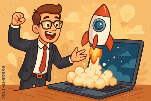 Happy businessman celebrating a new project launch. Cartoon rocket taking off from laptop screen. Startup business concept, innovation, creative idea, and success metaphor.