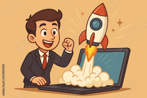 Businessman launching a new startup project. Rocket taking off from laptop screen. Concept of business growth, success, and innovation. Entrepreneurship and new venture metaphor.