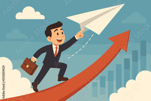 Businessman launching a paper plane on a journey to success. Man running on an upward arrow graph representing business growth, startup launch, career goals, and ambition concept.