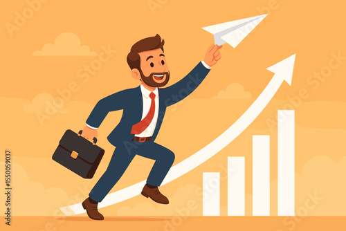 Businessman launching paper plane on journey to success. Business growth, startup launch, career progress concept. Corporate leader running on upward arrow chart. Vector illustration.