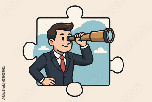 Businessman looking through a telescope inside a jigsaw puzzle piece. Concept for business vision, strategic planning, searching for opportunities, foresight, and market research.