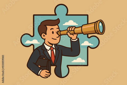 Businessman with telescope looks for future opportunities inside a jigsaw puzzle piece. Business vision concept for strategy, finding solutions, and professional growth. Cartoon vector illustration.