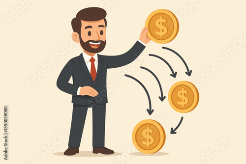 Cartoon businessman in suit managing cash flow, holding and distributing large gold dollar coins, concept of financial control, money management, budget planning, investment vector illustration