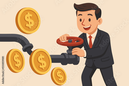 Businessman controlling cash flow valve, managing financial resources, dollar coins stream, money management, finance strategy, investment planning, economic control, cartoon vector illustration