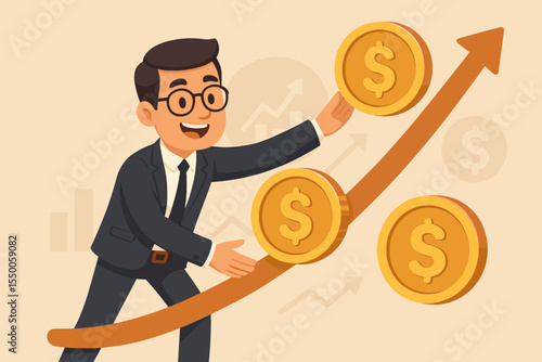 Businessman in suit managing cash flow, controlling rising dollar coins on upward financial growth arrow, economic success, revenue increase, finance strategy, cartoon vector illustration